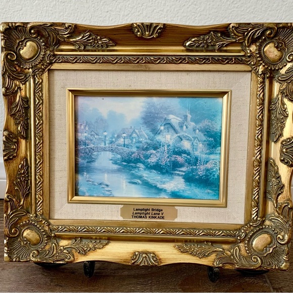thomas kinkade lamplight bridge Wooden Golden Frame 10/12” - Picture 1 of 15